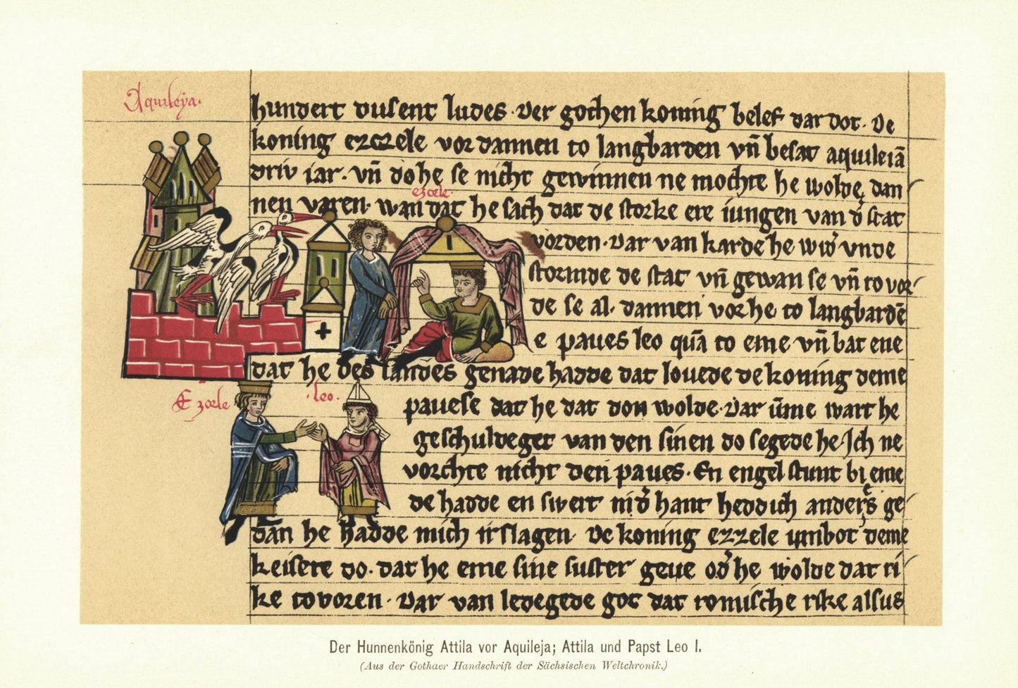 Der Hunnenkönig Attila vor Aquileja, Attila und Pabst Leo I. Lithografie von 1902