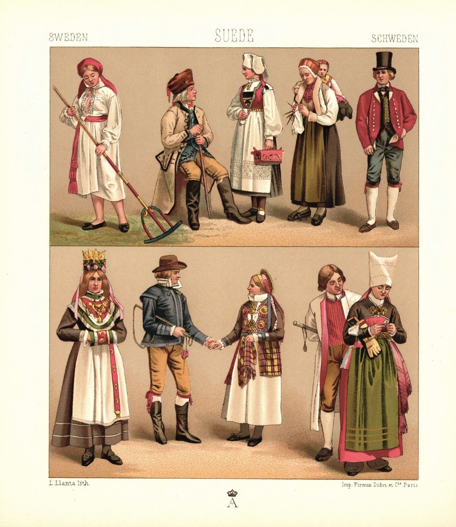 Schweden und Norwegen. Bauern. Lithografie von 1888. (T415)