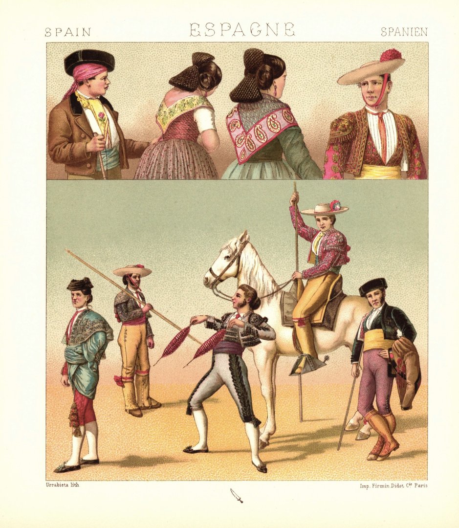 Spanien. Stierkämpfer zu Pferde. Zuschauer. Lithografie von 1888. (T471)