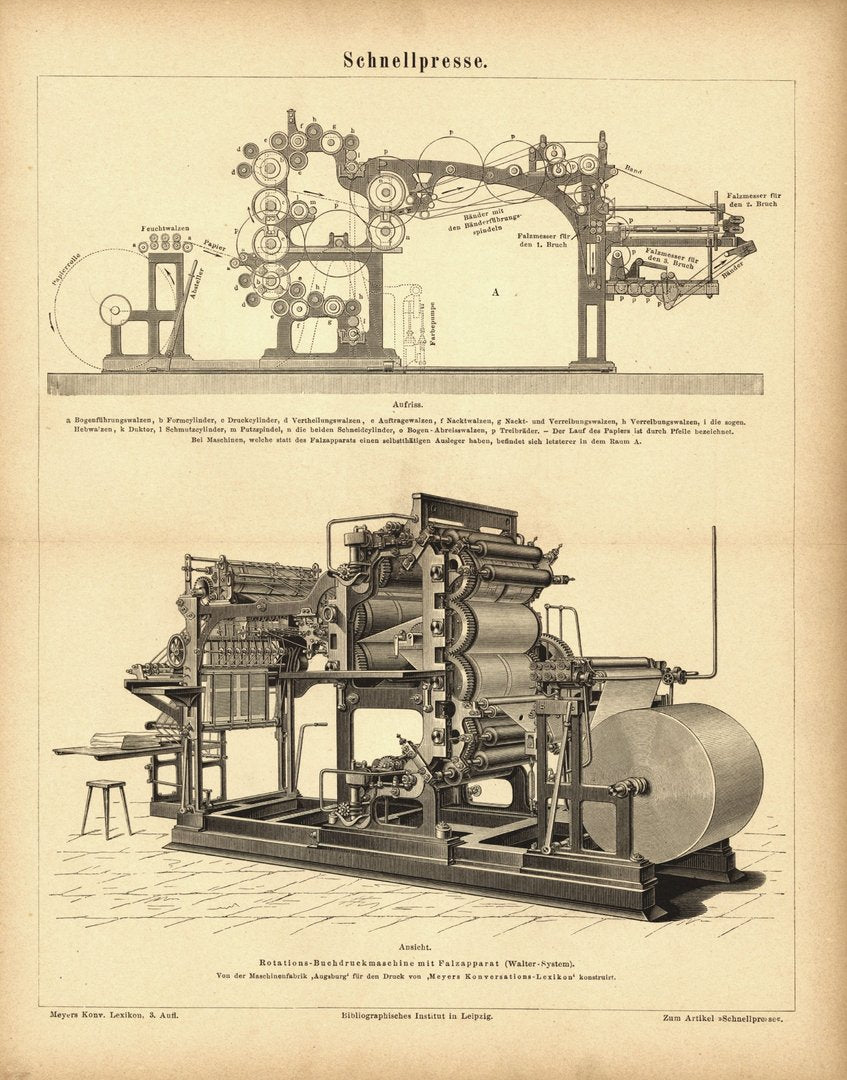 Schnellpresse. Buchillustration (Stich) von 1878