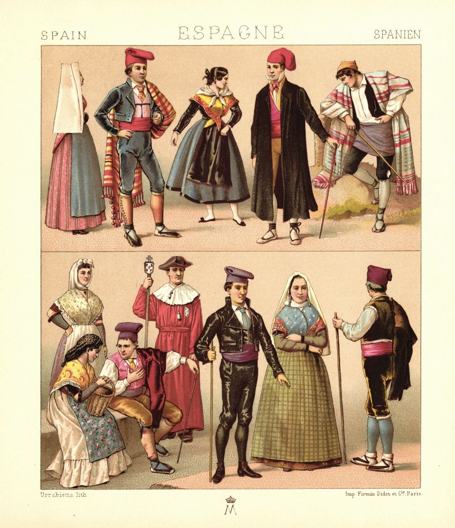 Spanien. Katalanen, Aragonesen. Bergbewohner, reiche Bäuerin. Lithografie von 1888. (T474)