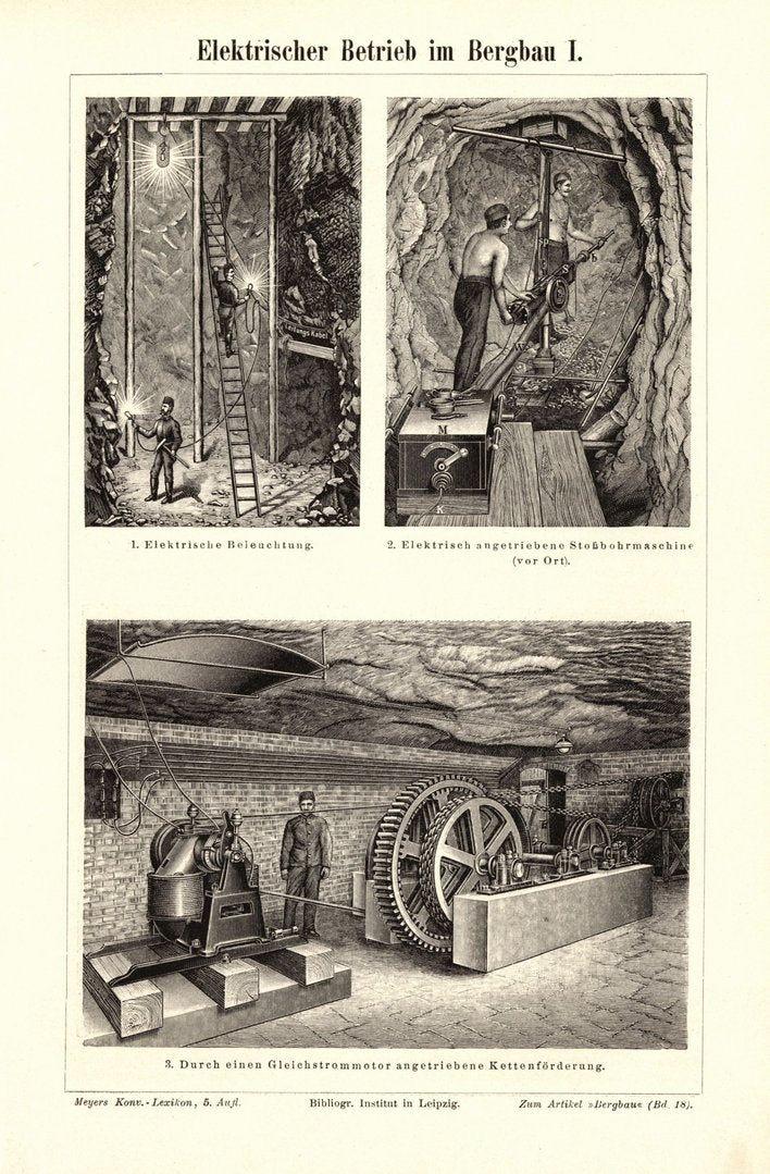 Elektrischer Betrieb im Bergbau. Buchillustration (Stich) von 1898