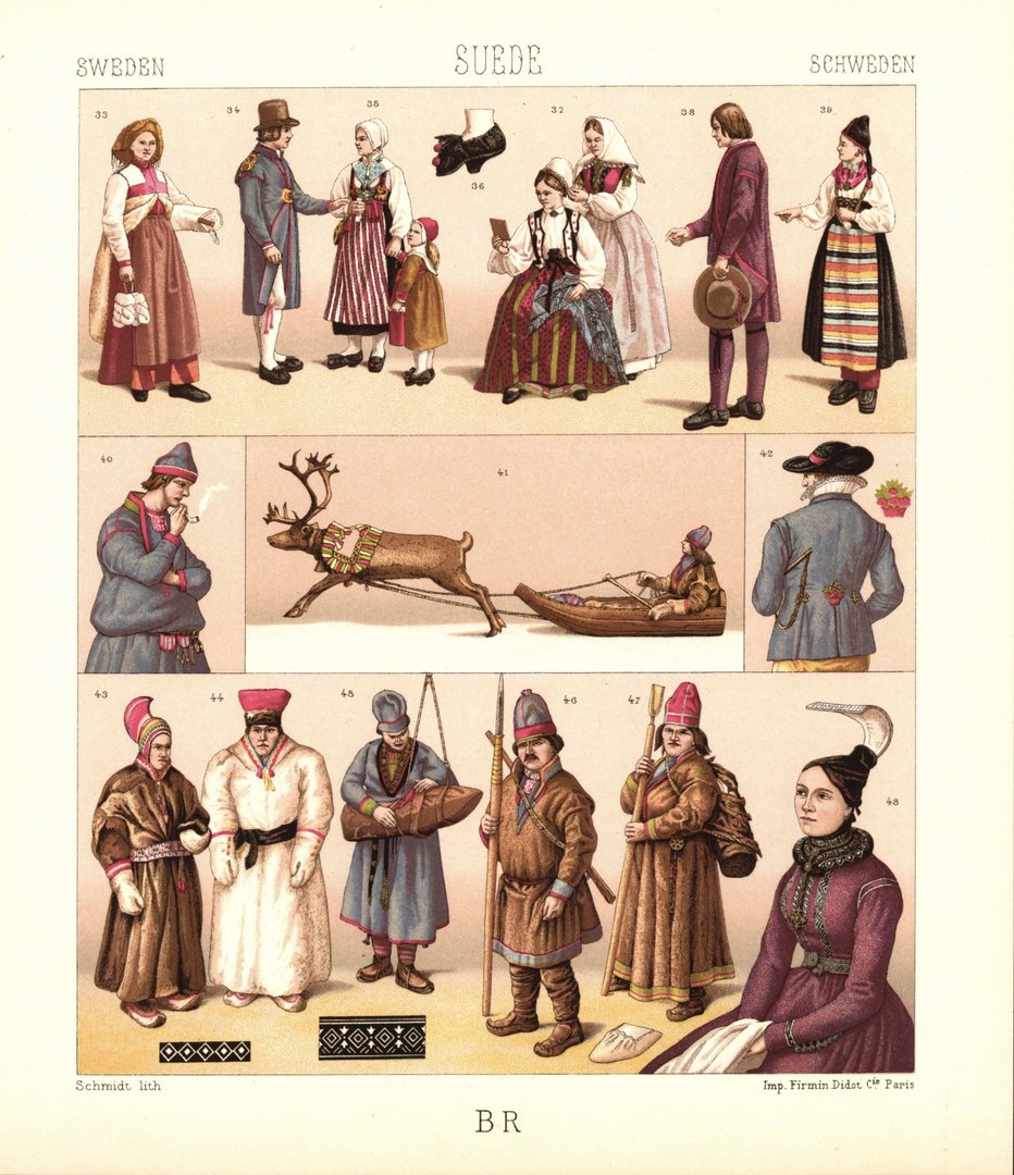 Schweden, Island, Lappland. Trachten und Volksbräuche. Lithografie von 1888. (T412)