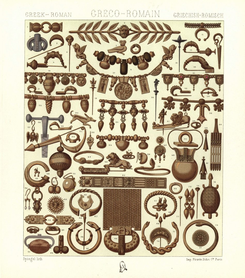 Griechisch-Römisch.Zierrat, Goldschmuck, Juwelen u.a. Lithografie von 1888. (T31)