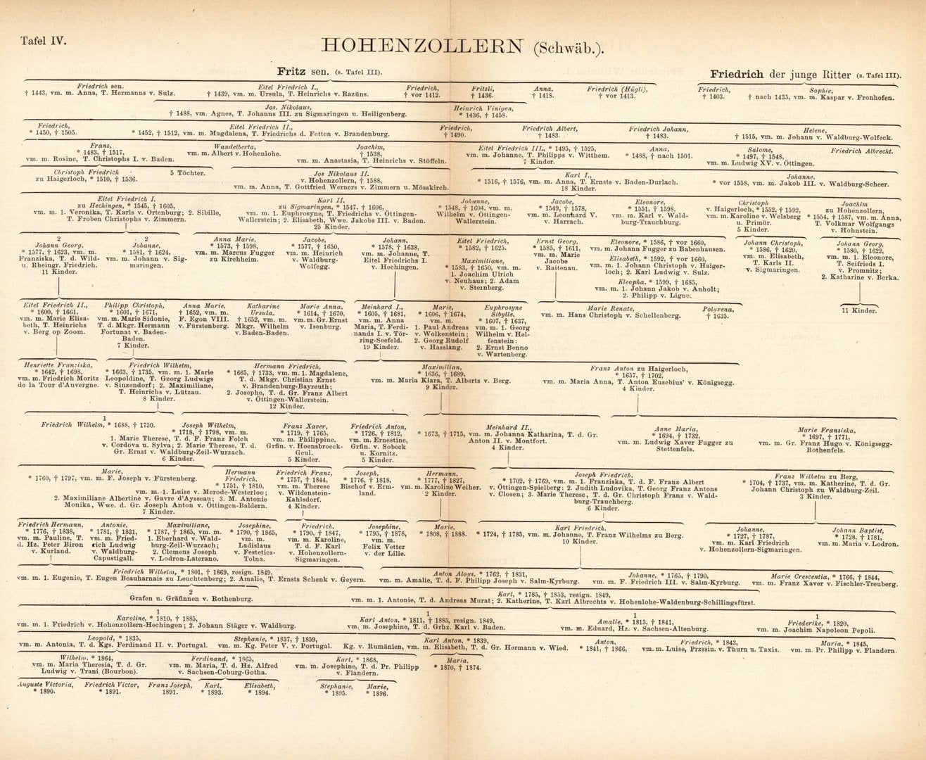 Stammliste der Hohenzollern (schwäb. u. Brandenb-preuss). Buchillustration von 1897
