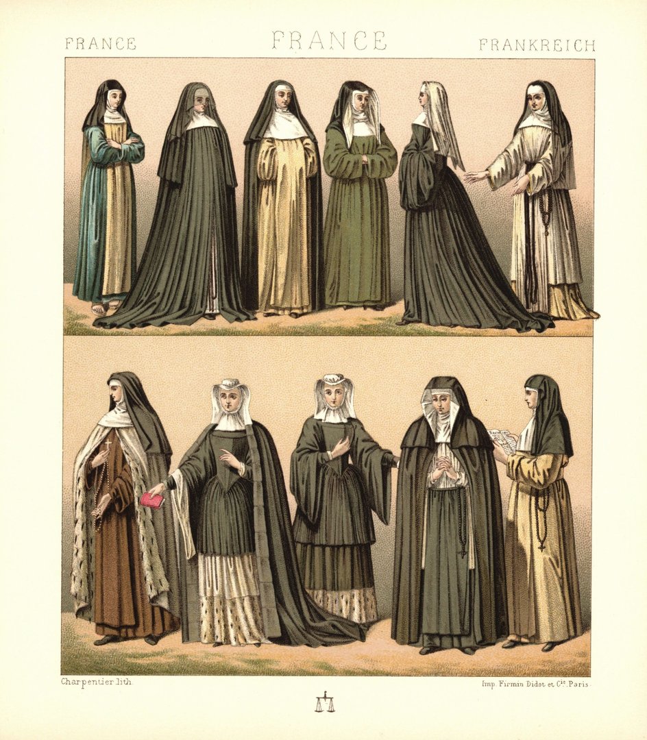 Frankreich. Nonnentrachten, geistliche Orden, Novizin u.a. 17. Jhd. Lithografie von 1888. (T334)
