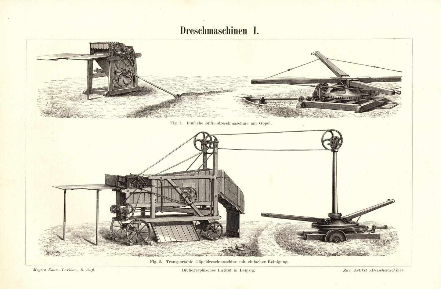 Dreschmaschinen I-II. Buchillustration (Stich) von 1895