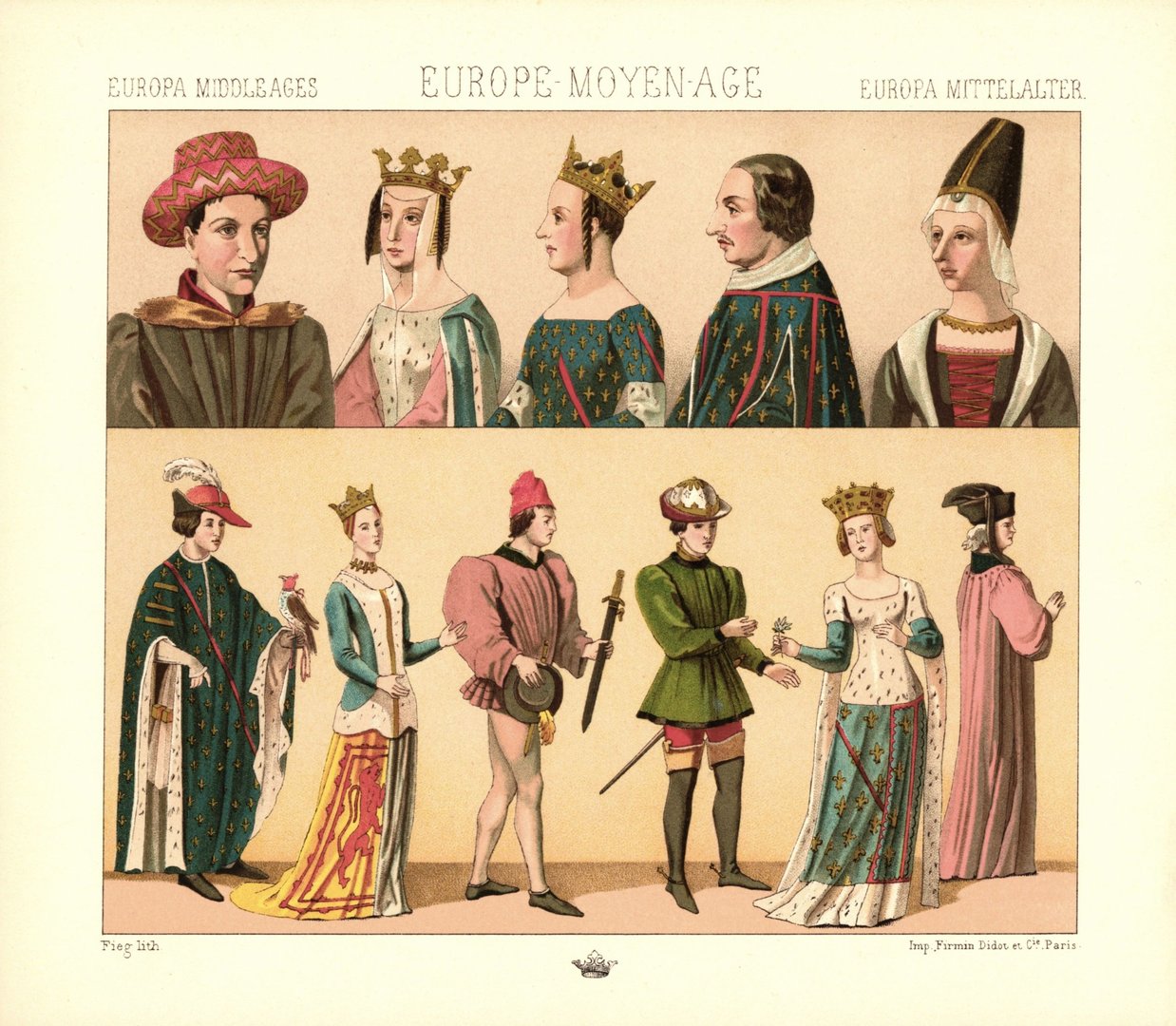 Mittelalter. Französischer Adel. 1364-1461 . Lithografie von 1888. (T211)
