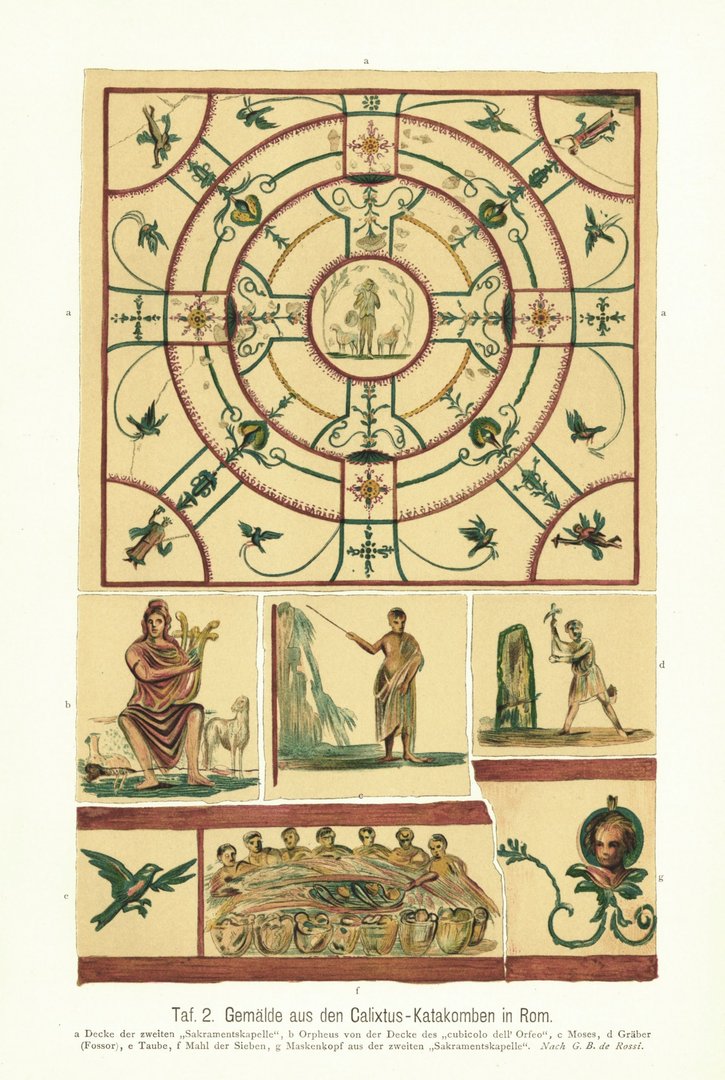 Gemälde aus den Calixtus-Katakomben in Rom. Lithografie von 1905