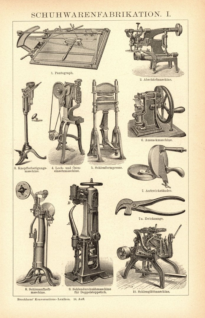 Schuhwarenfabrikation. Buchillustration (Stich) von 1897