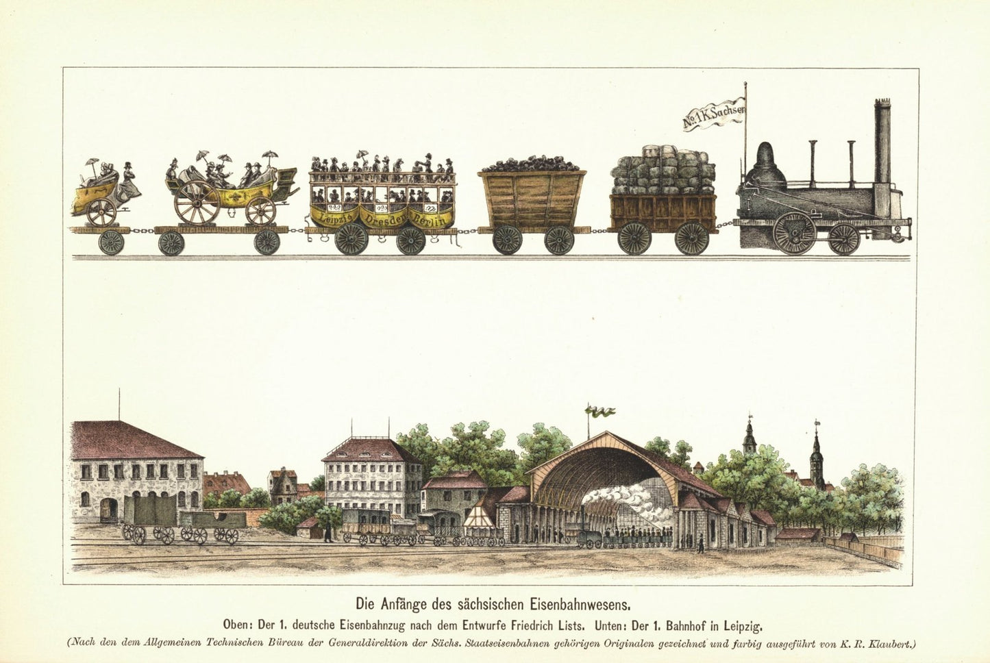 Die Anfänge des sächsischen Eisenbahnwesens, Bahnhof in Leipzig. Lithografie von 1902