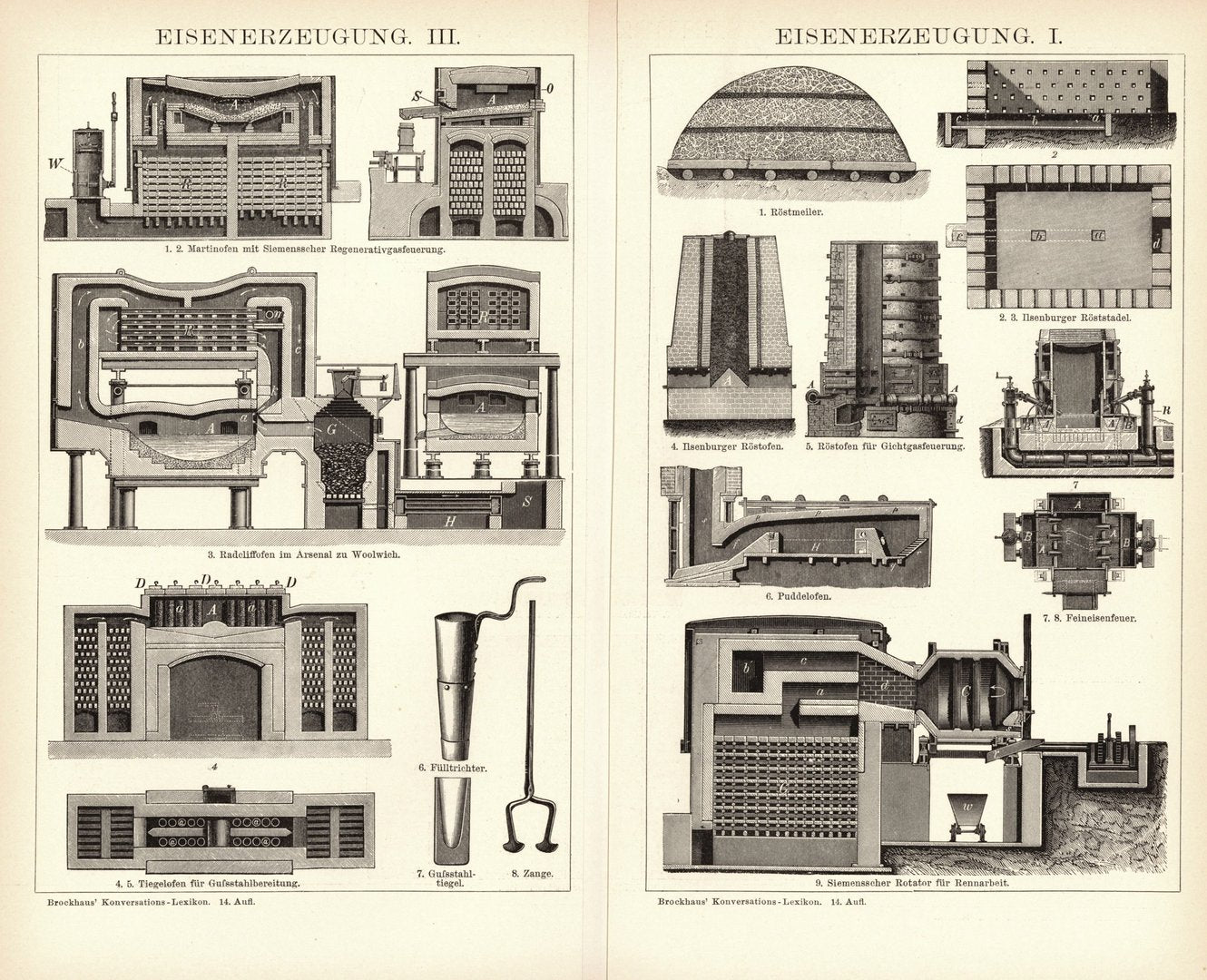Eisenerzeugung. Buchillustration (Stich) von 1897