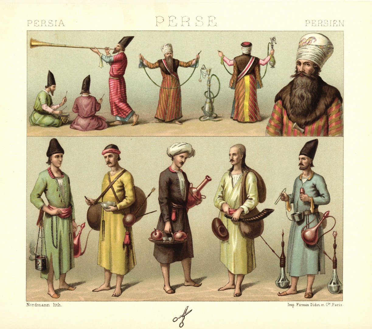 Persien. Dienstpersonal des Schahs. Musiker, Pfeifenträger. Lithografie von 1888. (T141)