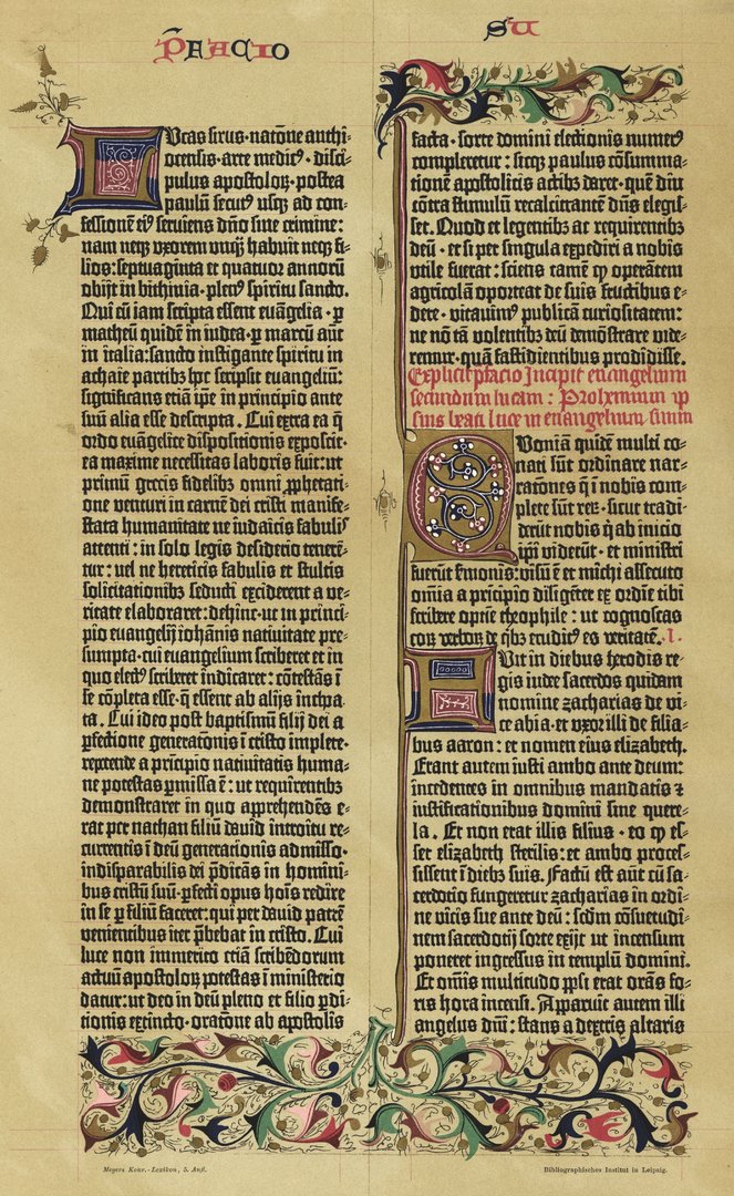 Faksimile Gutenbergs 42 zeiliger lateinischer Bibel (um 1455). Lithografie von 1894