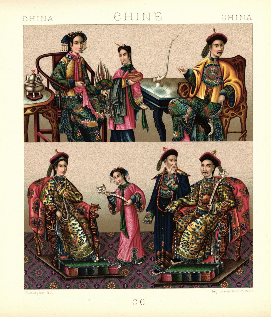 China. Festliche Hauskleidung, Kaiser, Kaiserin. Lithografie von 1888. (T85)
