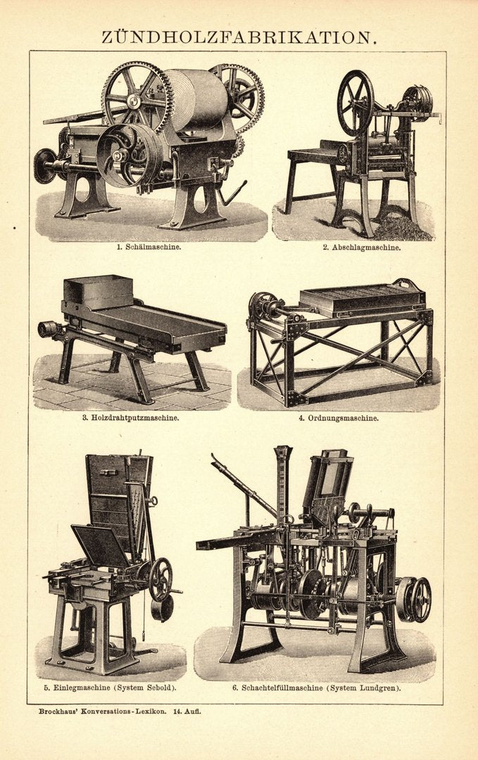 Zündholzfabrikation. Buchillustration (Stich) von 1897
