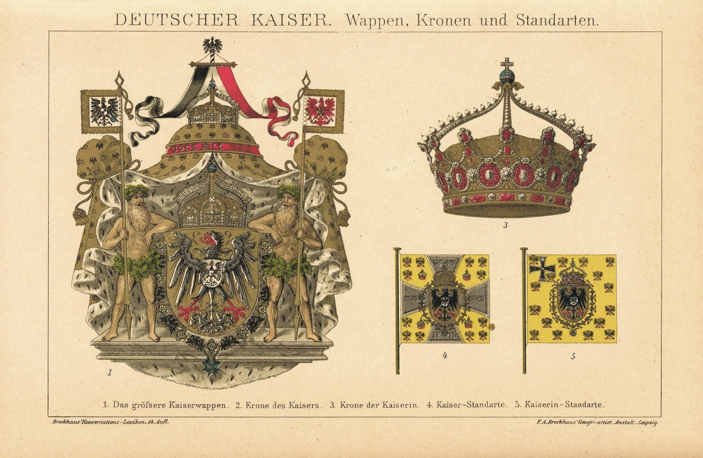 Deutscher Kaiser. Wappen, Kronen und Standarten. Lithografie von 1920