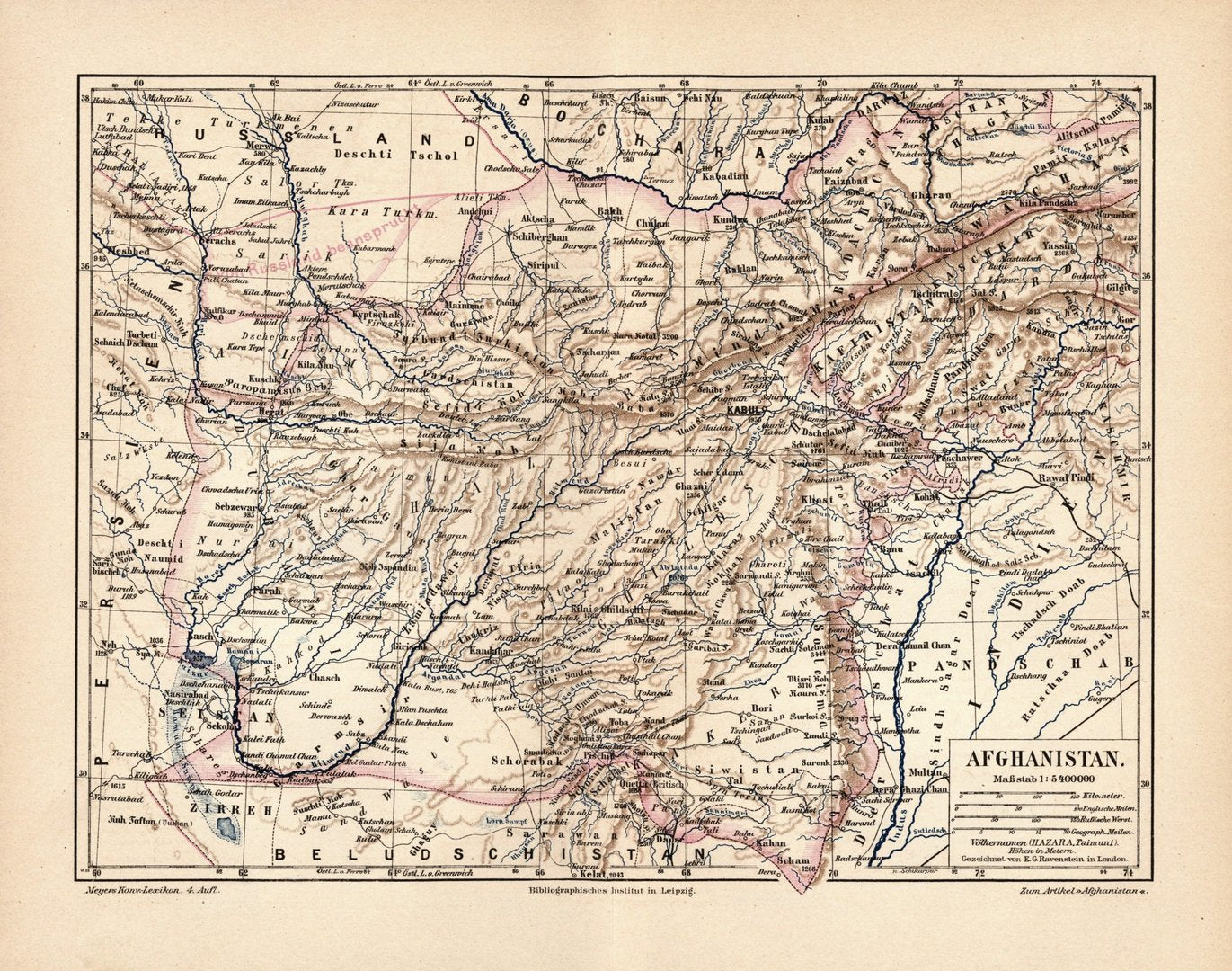 Afghanistan. Alte Landkarte von 1889.