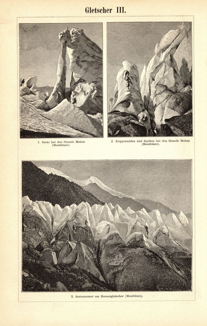 Gletscher. Buchillustration (Stich) von 1895