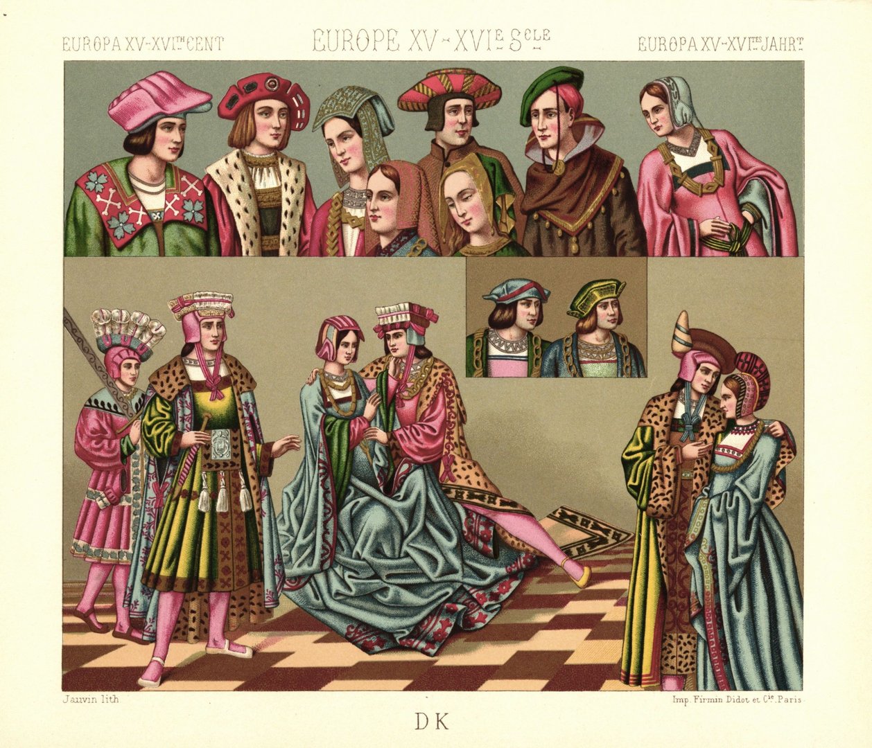 Europa. 15.-16. Jhd. flämische Kopfbedeckungen. Lithografie von 1888. (T249)