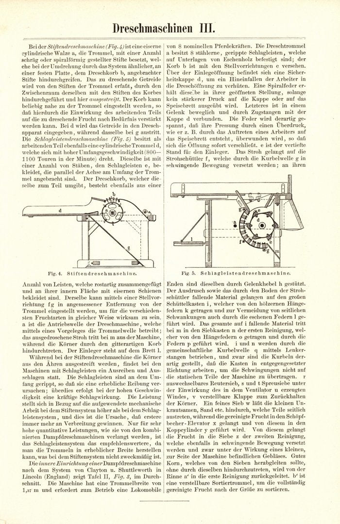 Dreschmaschinen III-IV. Buchillustration (Stich) von 1895
