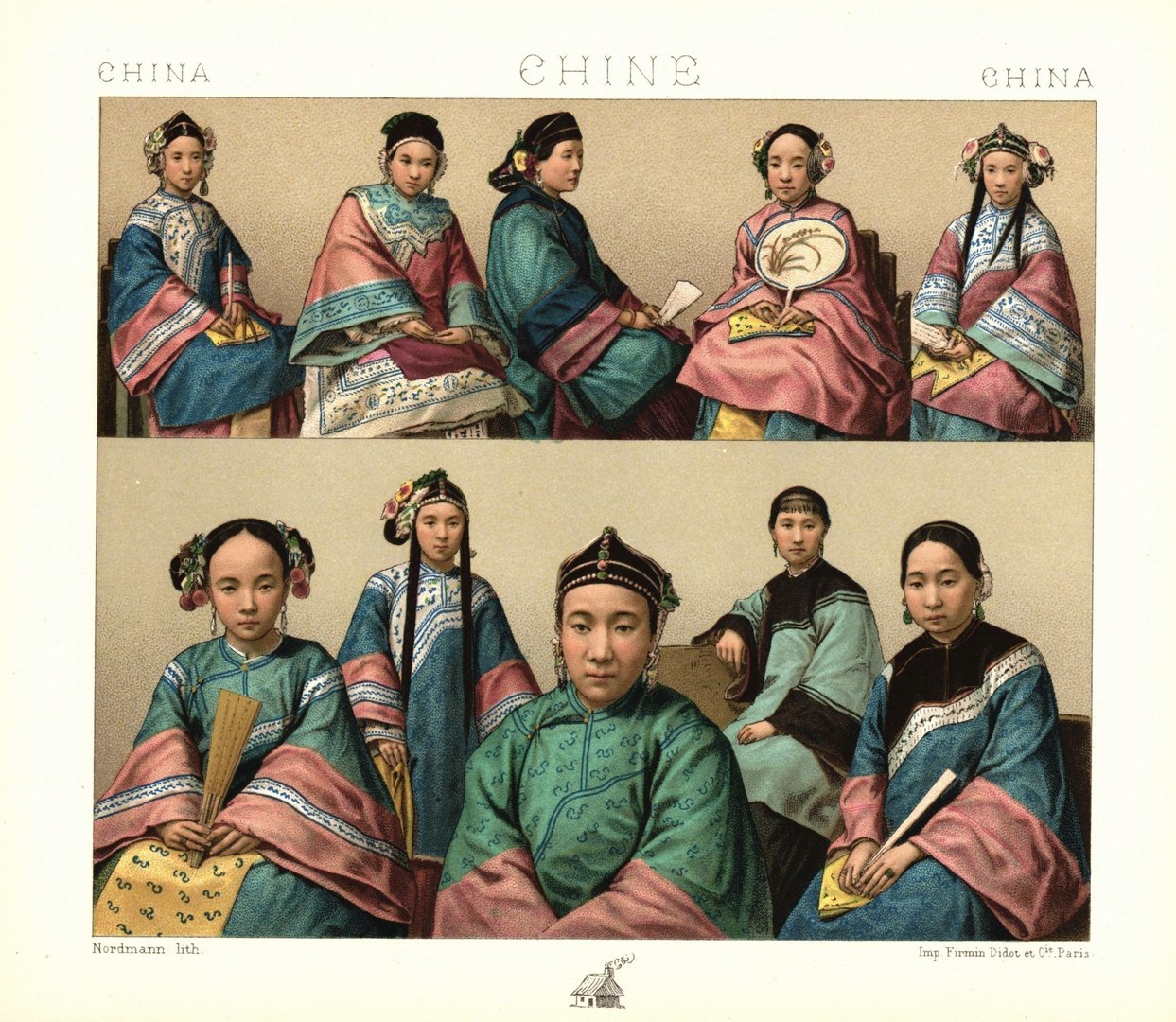 Chinesische Damen in vornehmer Kleidung. Lithografie von 1888. (T90)