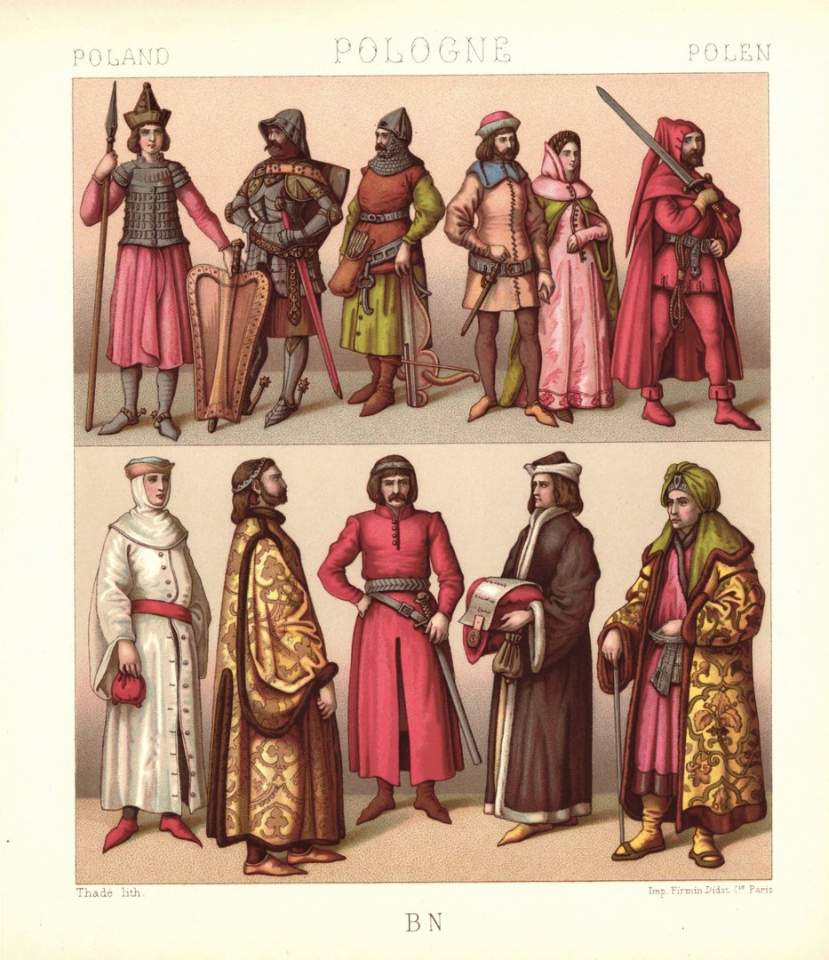 Polen. Militärische und zivile Kleidung des 14.-15. Jhd. Lithografie von 1888. (T451)