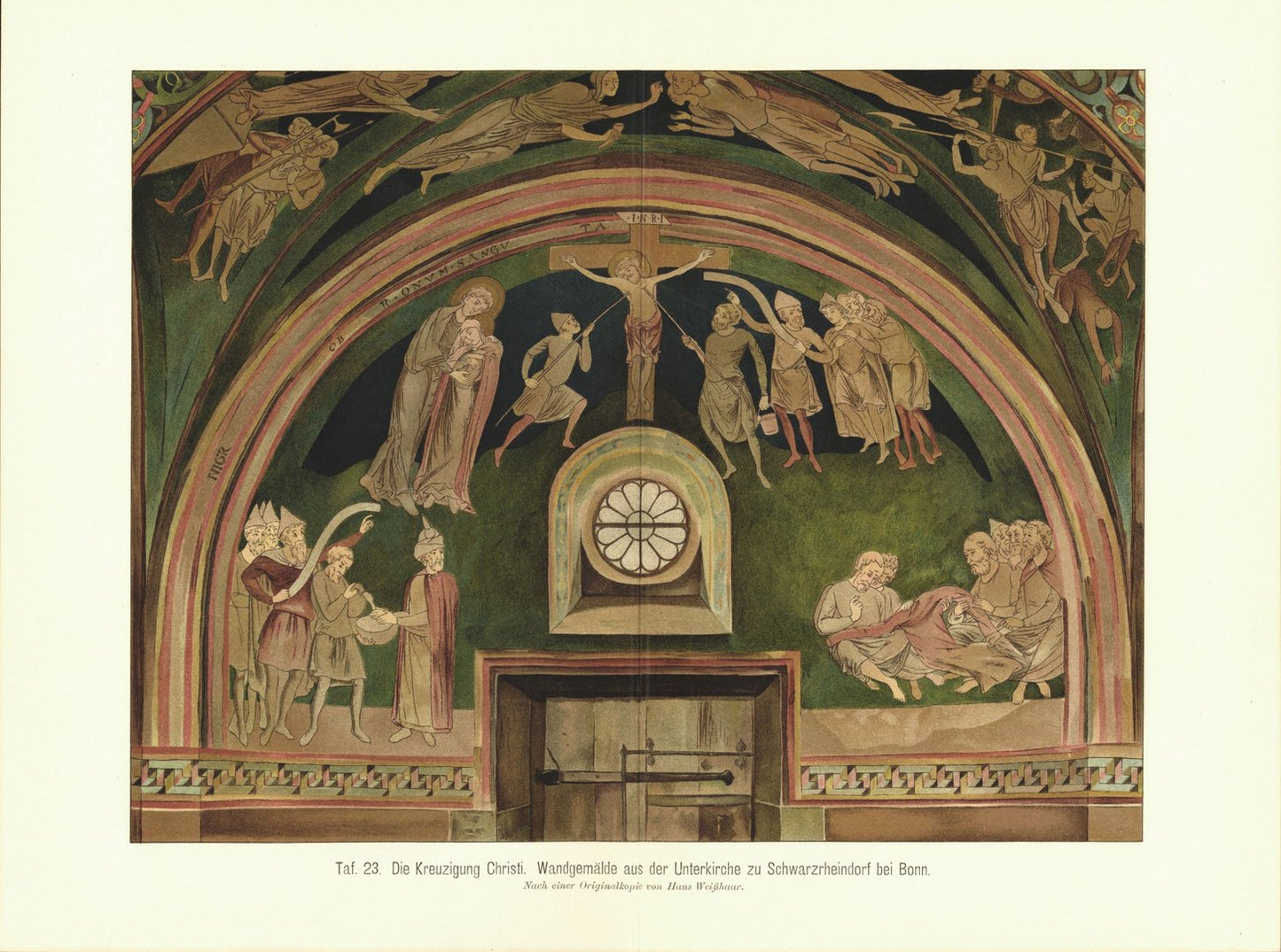 Die Kreuzigung Christi. Wandgemälde aus der Unterkirche in Bonn. Lithografie von 1905