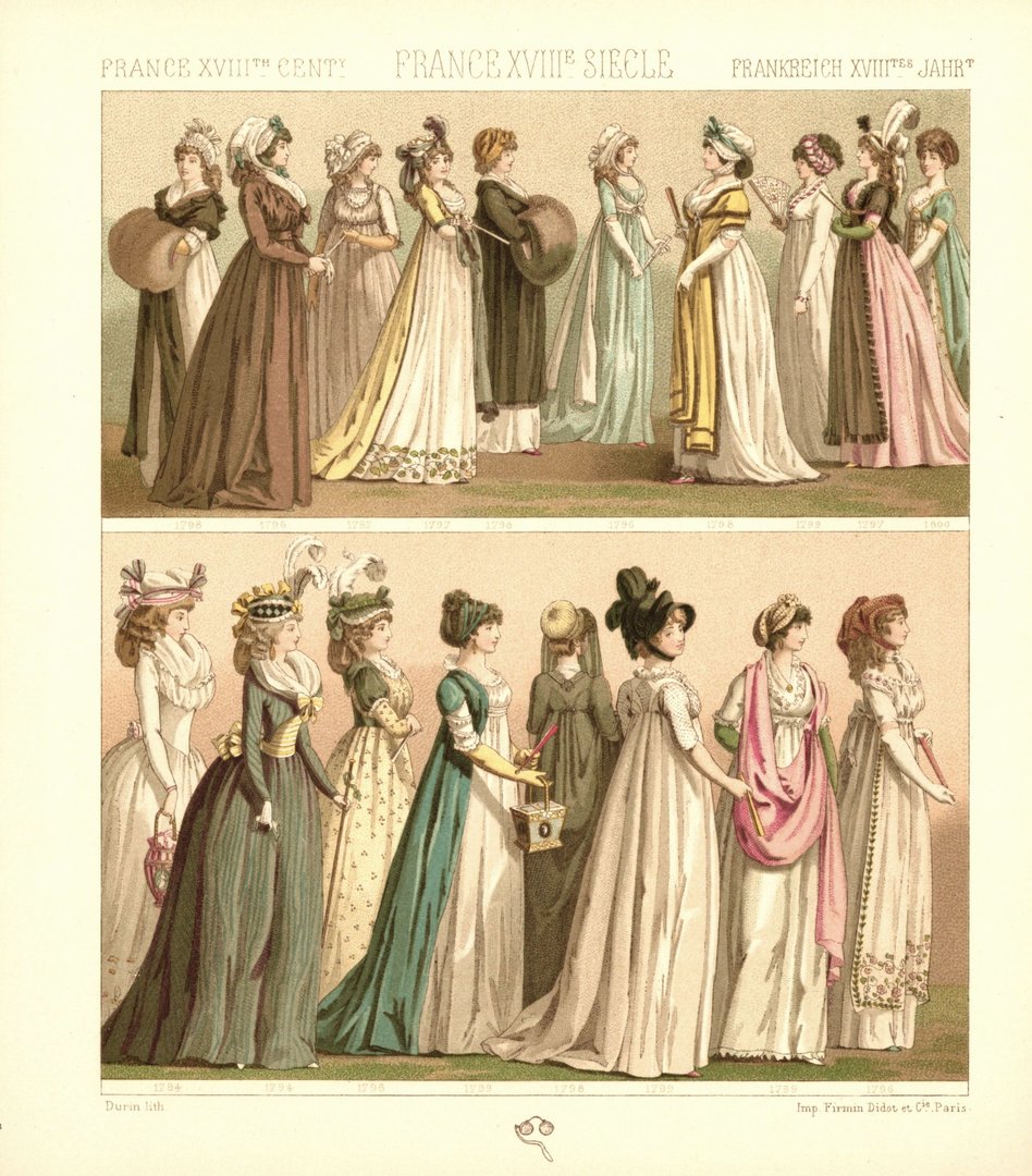 Frankreich. 1794-1800, verschiedene Damenkleider. . Lithografie von 1888. (T402)