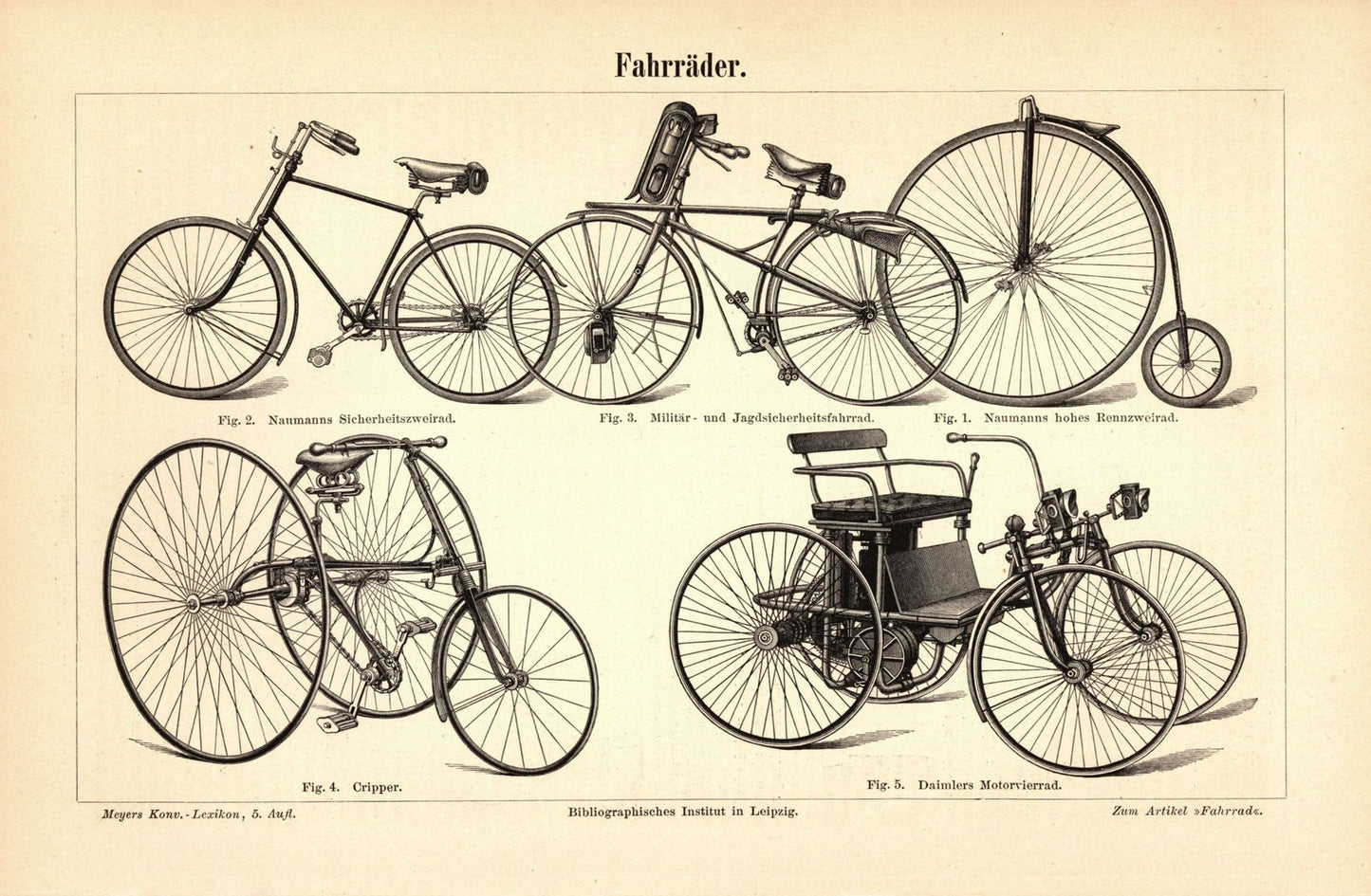 Fahrräder. Buchillustration (Stich) von 1895