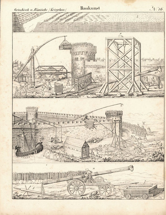 Griechischer und römischer Kriegsbau, Baukunst Nr. 16. Lithografiertes Blatt von 1830.