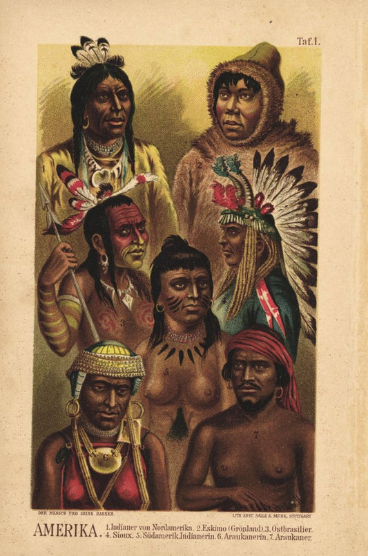 Amerika, Indianer, Eskimo, Sioux, Araukaner, Ostbrasilier. Lithografie von 1892