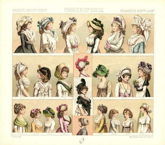 Frankreich. Putz des Kopfes, des Kleidoberteils.1794-1800. . Lithografie von 1888. (T403)