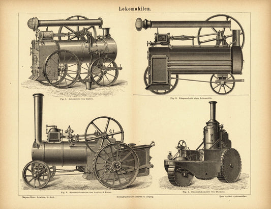 Lokomobilen. Buchillustration (Stich) von 1877