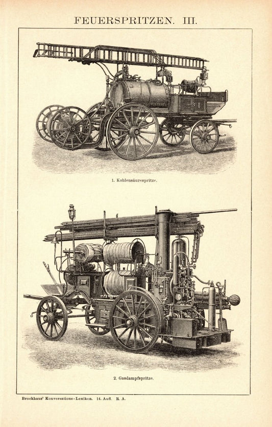 Feuerspritzen III-IV, Feuerwehr. Buchillustration (Stich) von 1897