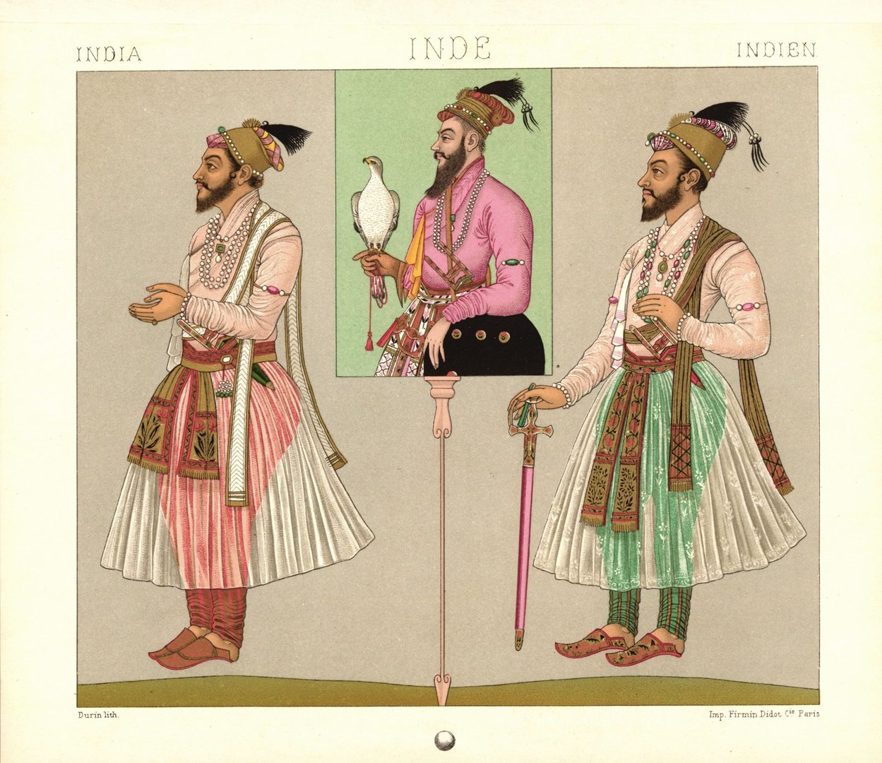 Indien. Mogul-Kaiser. Fürst, Jäger mit Falken. Lithografie von 1888. (T111)