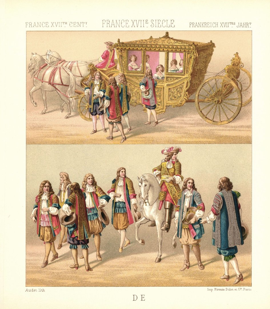 Frankreich. Equipage der Königin. Offiziere Galakutsche. 17.Jhd. Lithografie von 1888. (T349)