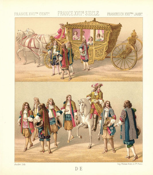 Frankreich. Equipage der Königin. Offiziere Galakutsche. 17.Jhd. Lithografie von 1888. (T349)