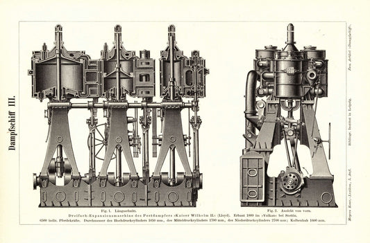Dampfschiff III-IV. Buchillustration (Stich) von 1895