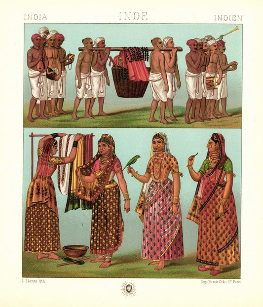 Indien. Anhänger von Vishnu und Shiva. Waschen von Kaschmir-Kleidungsstüc. Lithografie v. 1888. (123