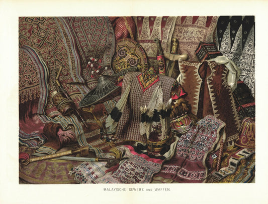 Malayische Gewebe und Waffen. Lithografie von 1886