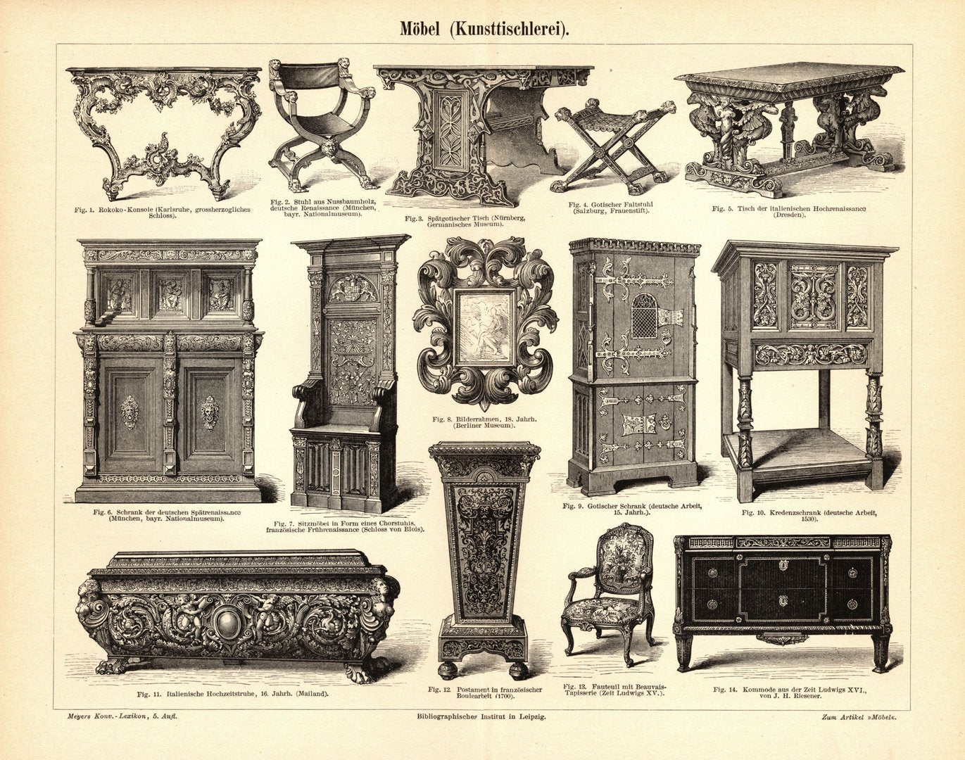 Möbel, Kunsttischlerei. Buchillustration (Stich) von 1897