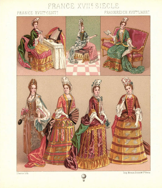 Frankreich. Damenkleidung. Prunkgewänder.u.a. 17.Jhd. Lithografie von 1888. (T353)