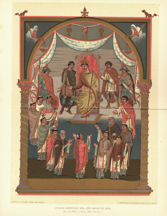 Vivianus überreicht Karl dem Kahlen die Bibel. Lithografie von 1884
