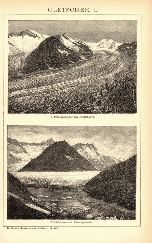 Gletscher. Buchillustration (Stich) von 1897