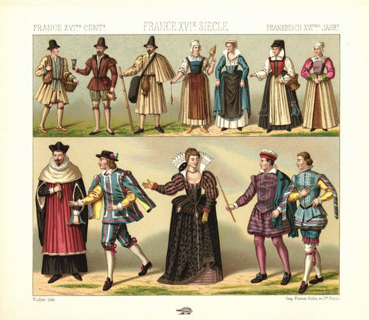 Frankreich. Adlige, Richter, Menschen aus dem Volk, 16. Jhd. Lithografie von 1888. (T274)