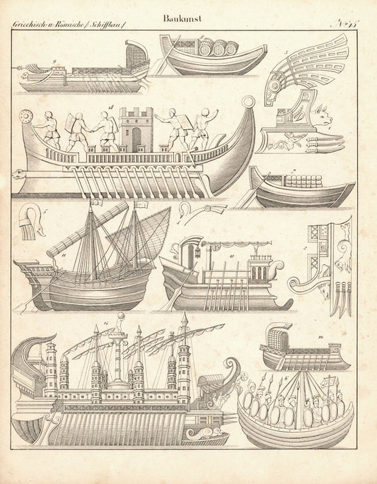 Schiffbau, Griechische und Römische Baukunst Nr. 15. Lithografiertes Blatt von 1830.