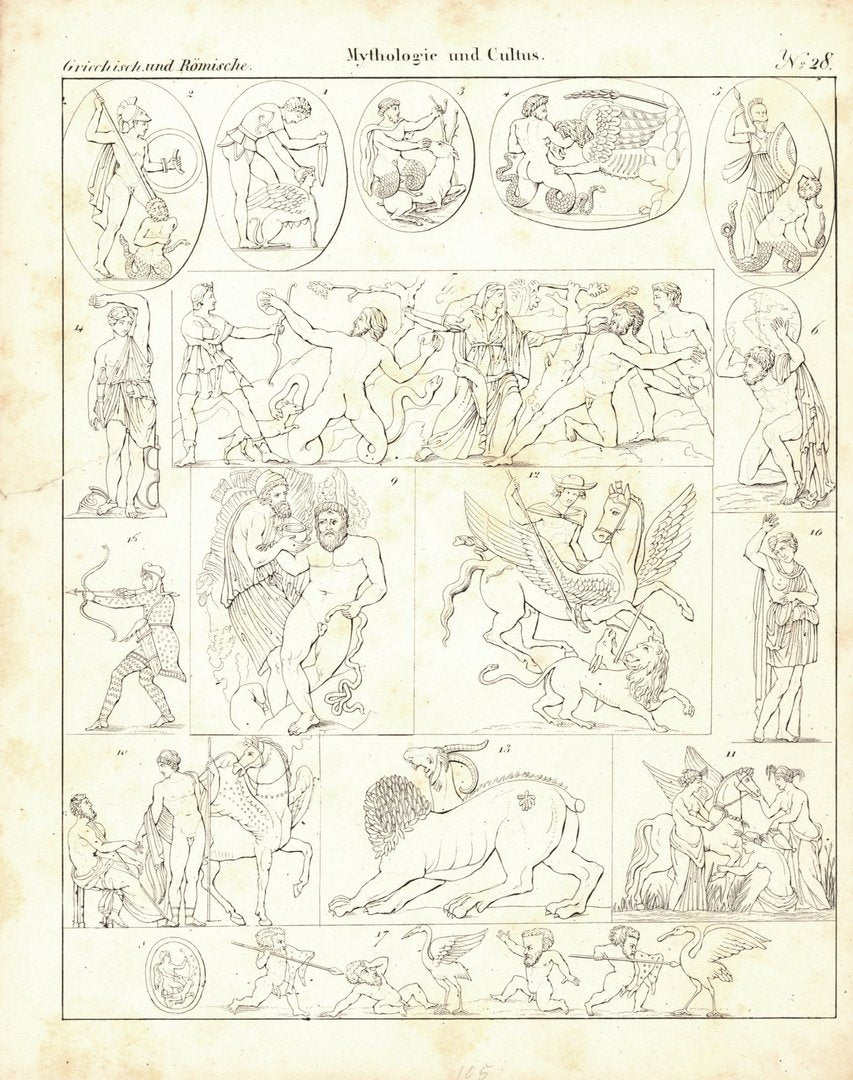 Mythologie und Cultus Nr. 28. Griechisch und Römisch. Lithografiertes Blatt von 1830.