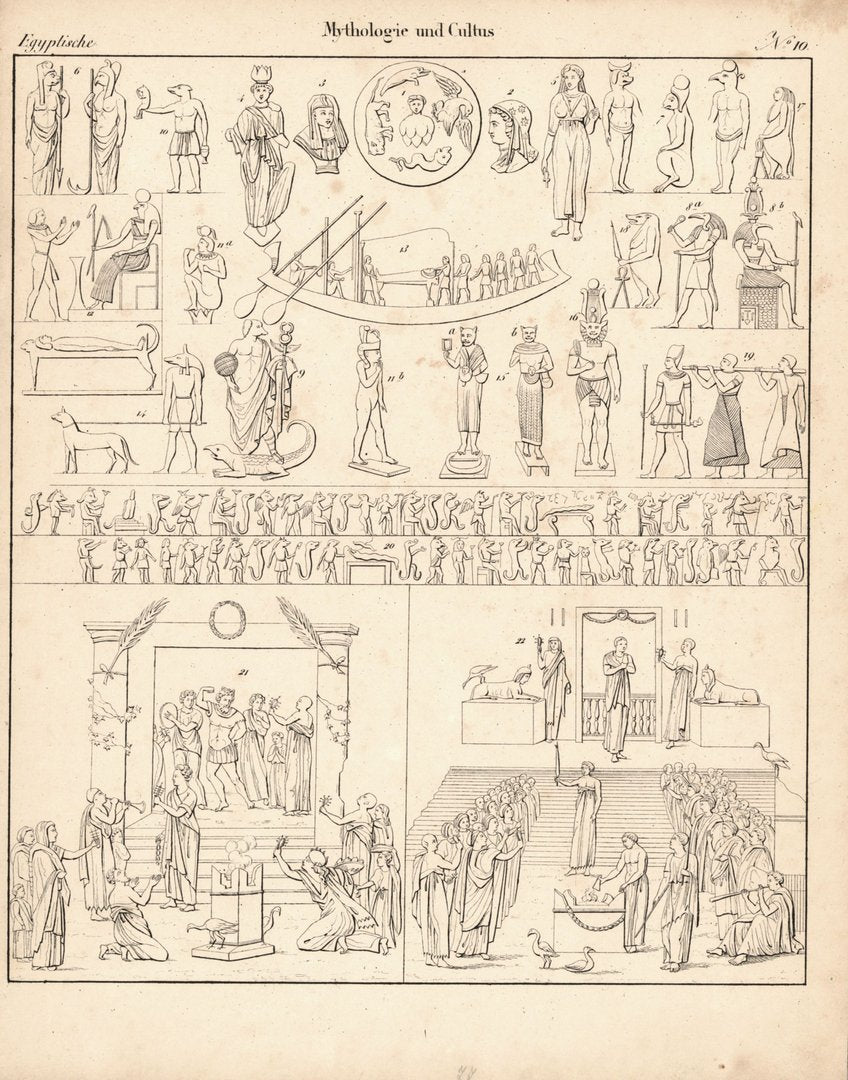 Ägyptische Mythologie und Cultus, Völkerkunde Nr. 10. Lithografiertes Blatt von 1830.