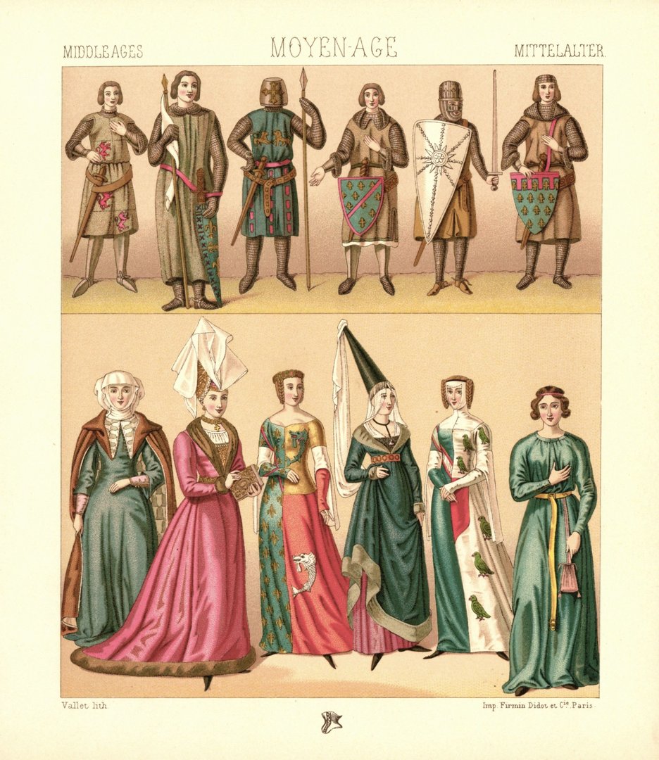 Mittelalter. Französischer Adel. Historische Gestalten. 12.-15. Jhd. Lithografie von 1888. (T207)